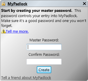 MyPadlock Free Password Manager Software startup window